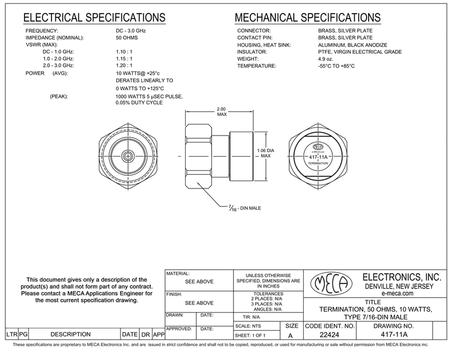 417-11A 10W Termination electrical specs