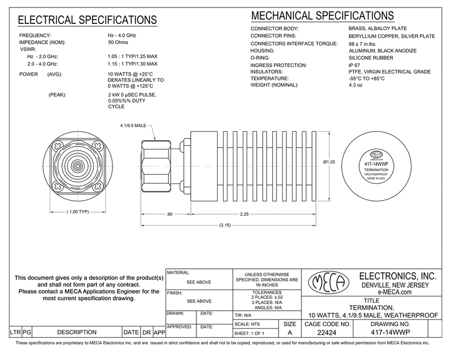 417-14WWP 10W Terminations electrical specs