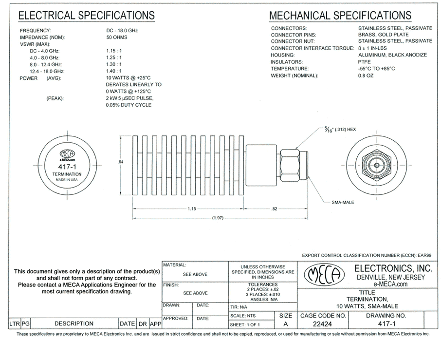 417-1, SMA-Male, 10 Watts, DC-18.0 GHz