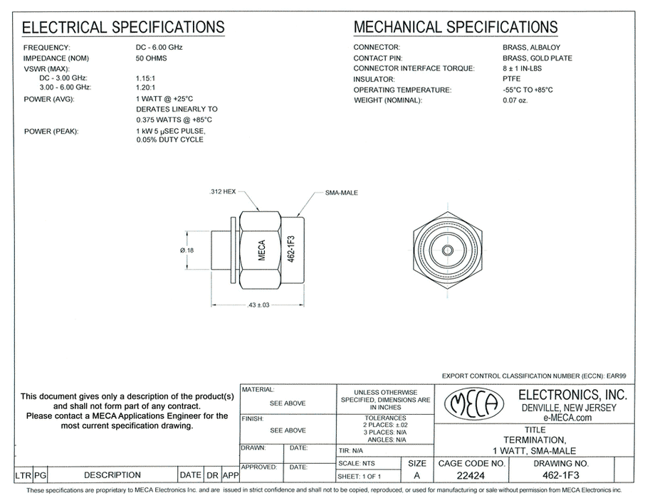 462-1F3 SMA-M Terminations electrical specs