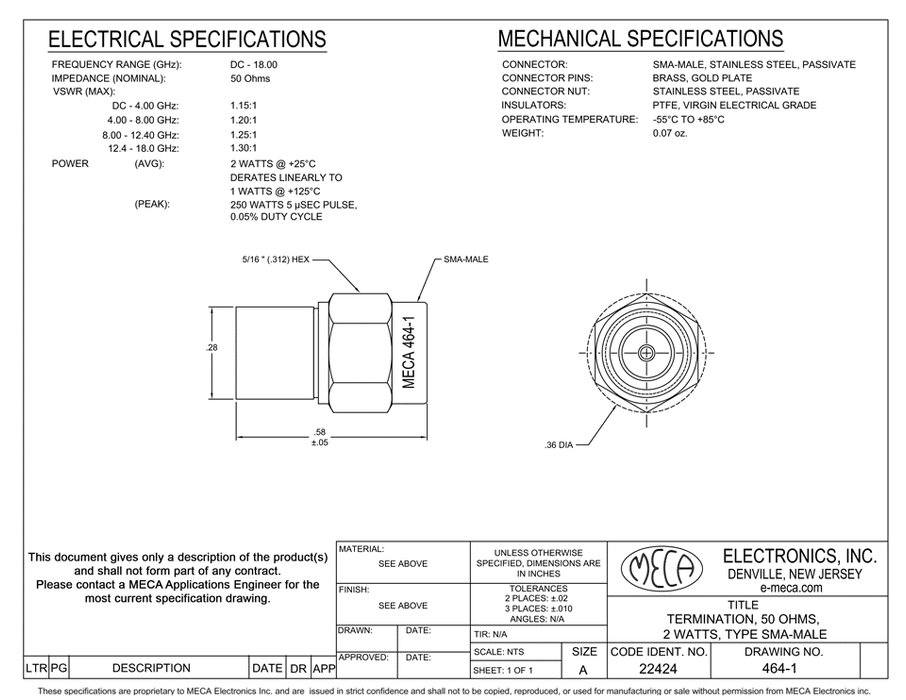 464-1 SMA-Type Terminations electrical specs