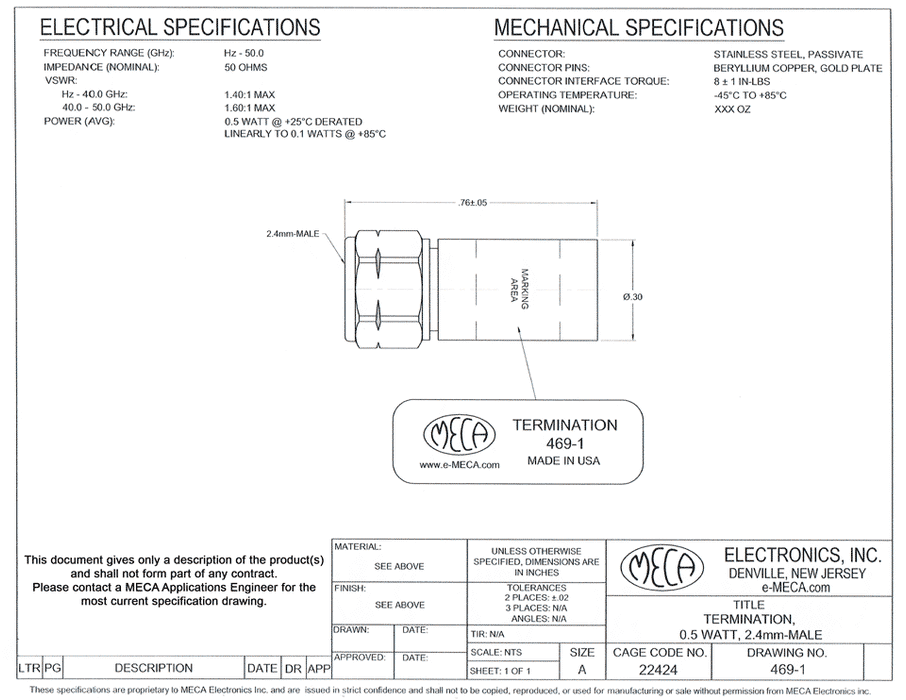 469-1 RF Terminations electrical specs