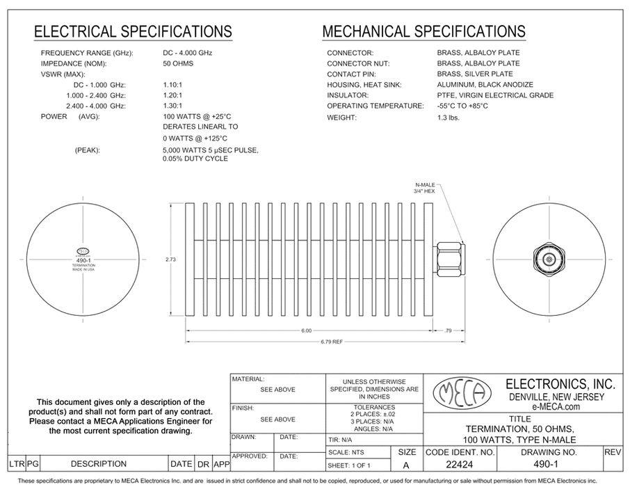 490-1 N-M Termination electrical specs