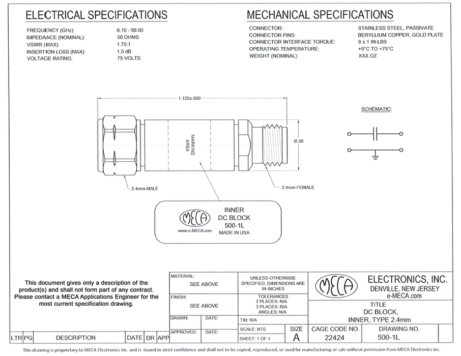 500-1L DC Block 2.4mm electrical specs