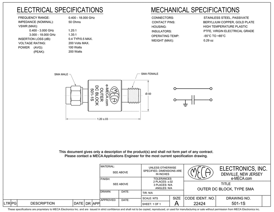 501-1S DC Block SMA electrical specs