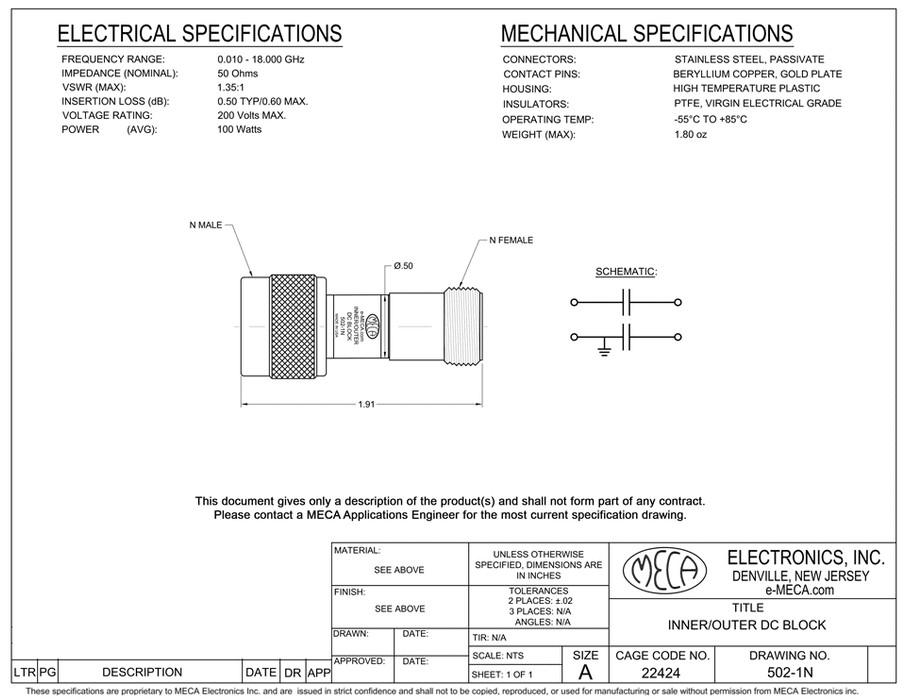502-1N DC Block N-Type electrical specs