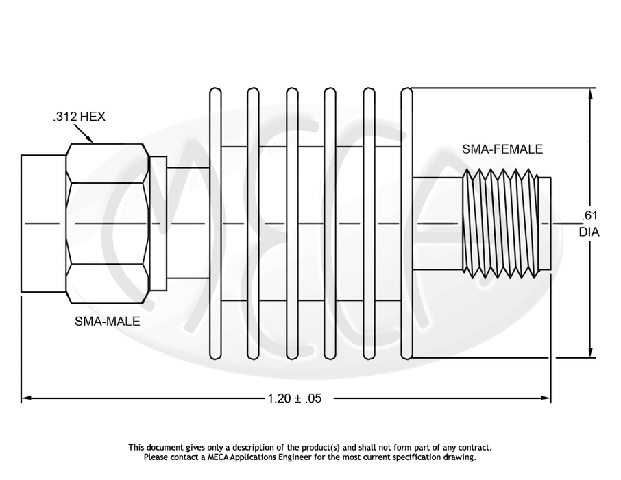 602-dB -1 Attenuator SMA-MALE/Female connectors drawing