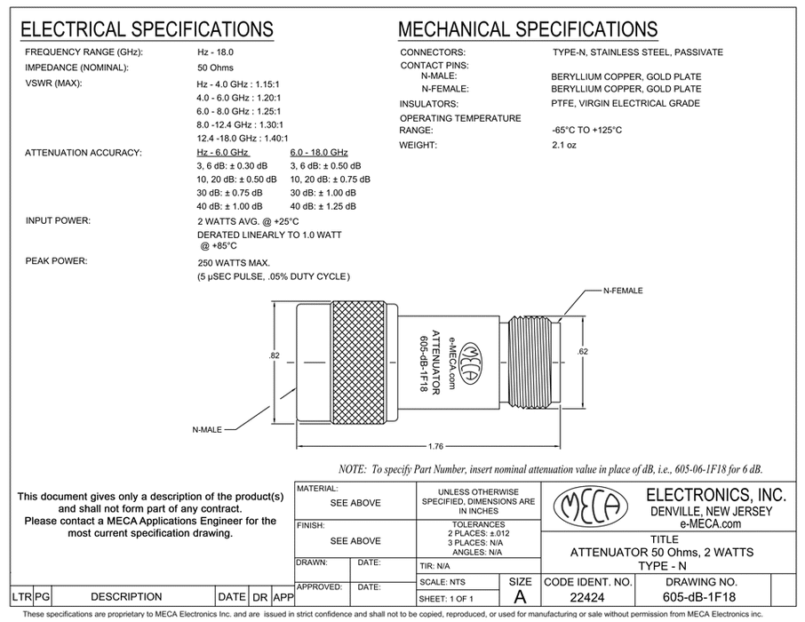 605-dB-1F18 N-Type Attenuator electrical specs