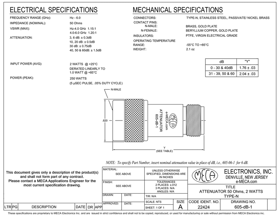 605-dB-1 Attenuator electrical specs