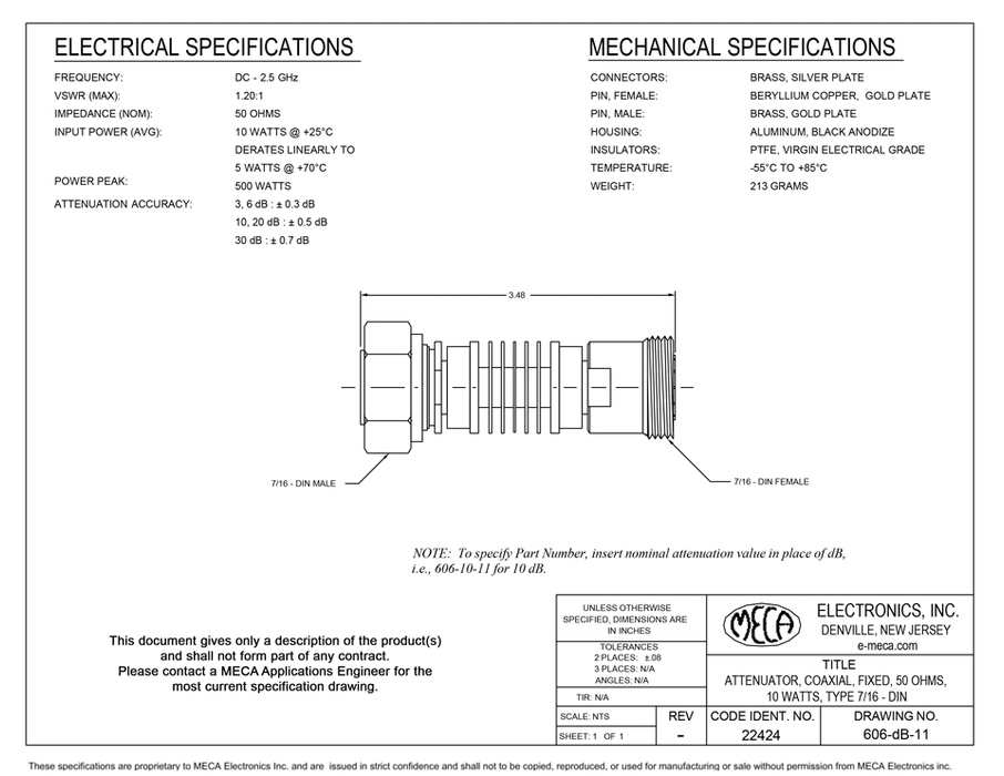 606-dB-11 Coaxial Attenuator electrical specs