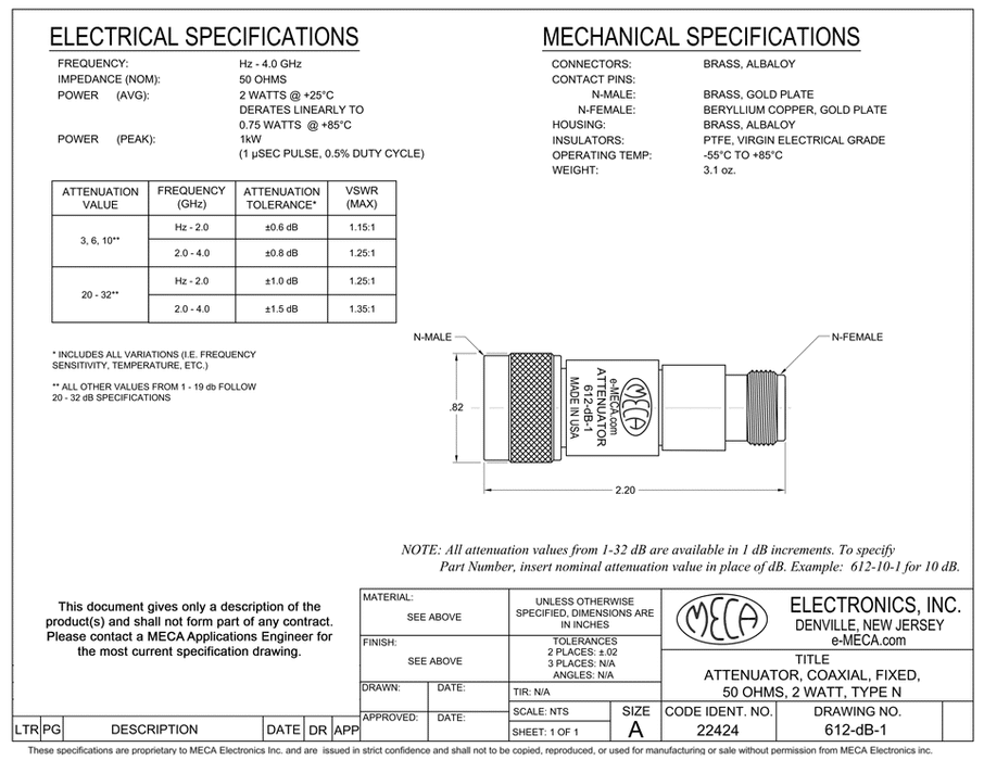 612-dB-1 N-Type Fixed Attenuator electrical specs