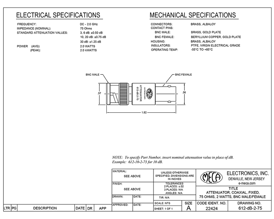 612-dB-2-75 BNC Attenuators electrical specs