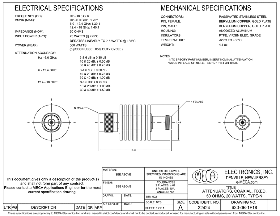 630-dB-1F18 Coaxial Attenuators electrical specs