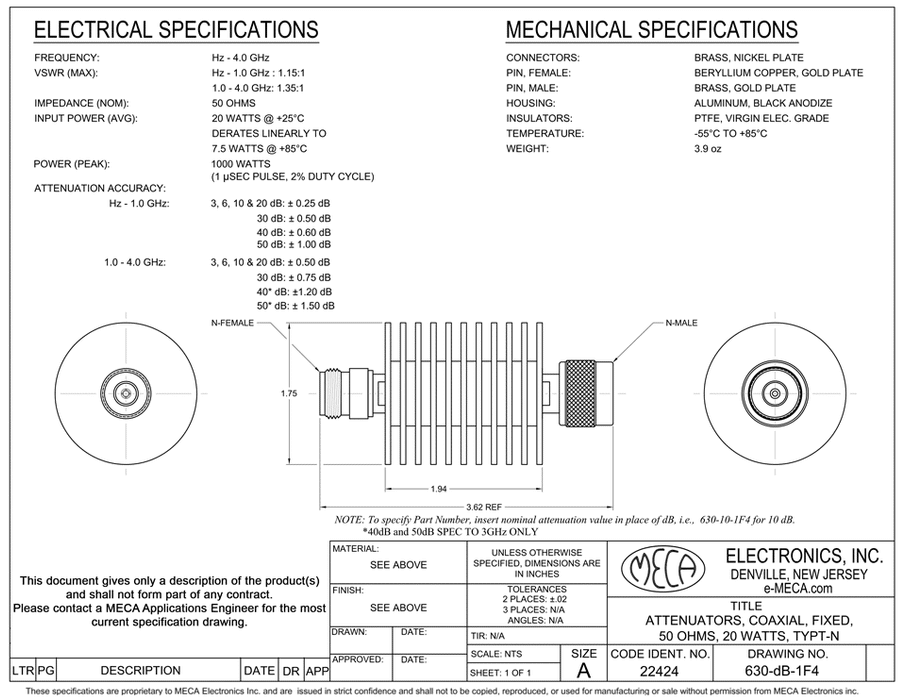 630-dB-1F4 N-Type Fixed Attenuator electrical specs