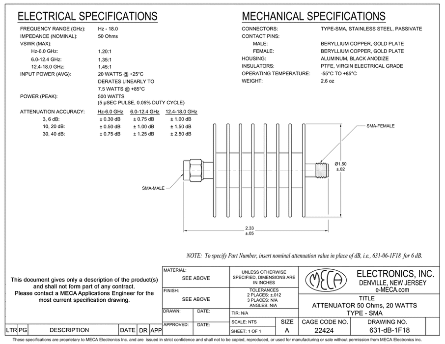631-dB-1F18 Coaxial Attenuators electrical specs