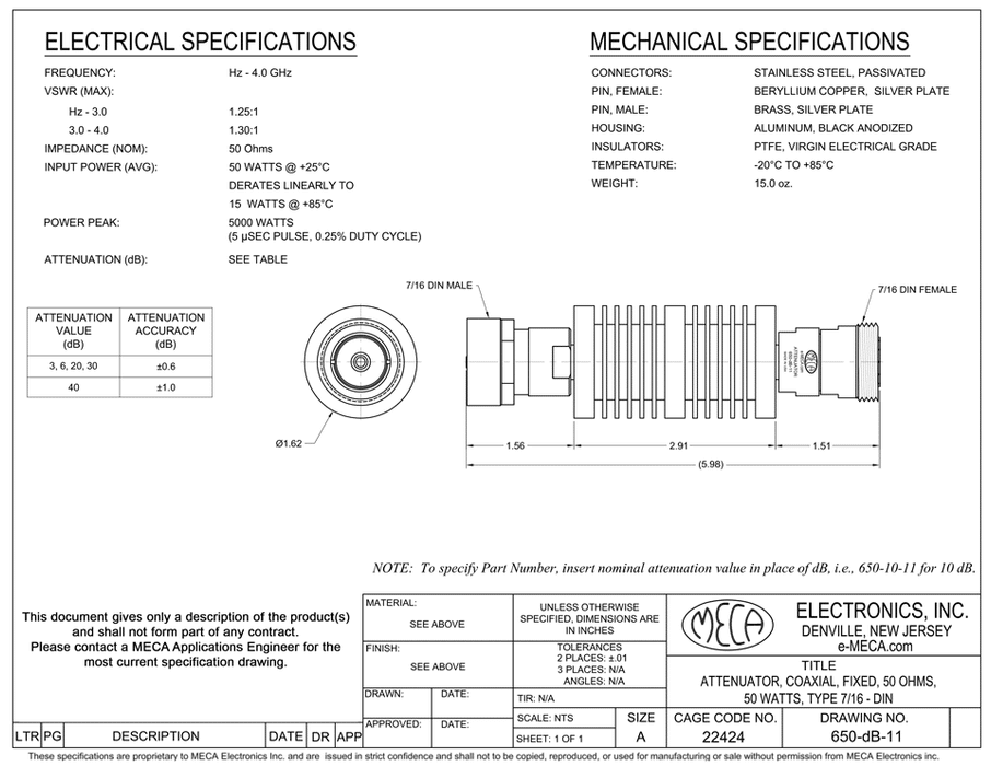 650-30-11 7/16 DIN Fixed Attenuator electrical specs