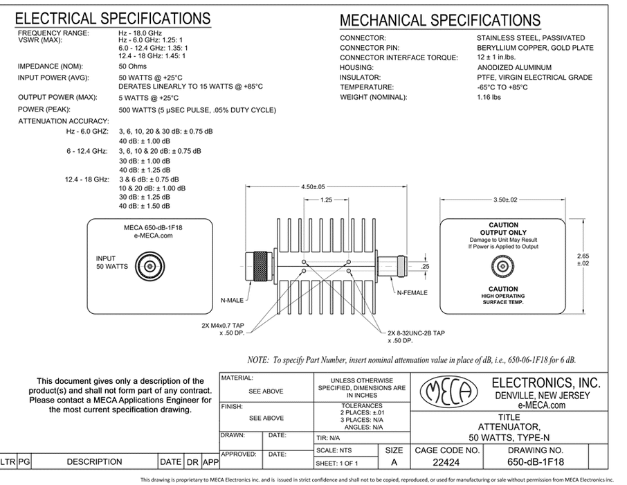 650-dB-1F18 50W Attenuator electrical specs