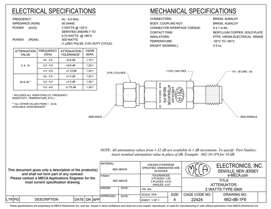 662-dB-1F6 Microwave Attenuator electrical specs