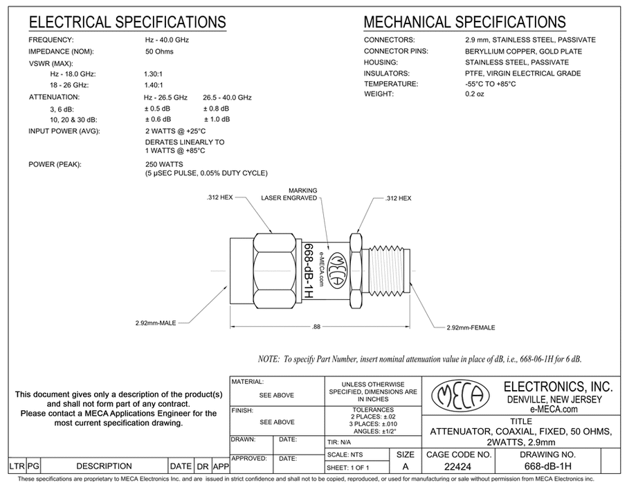668-dB-1H 2.9mm Fixed Attenuator electrical specs