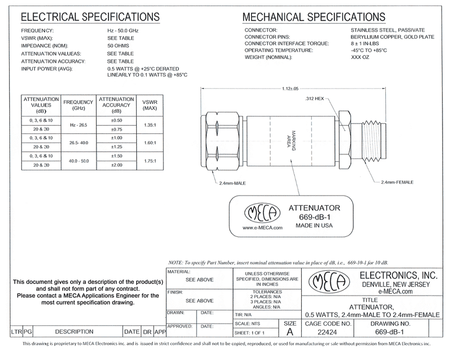 669-dB-1 0.5W Attenuator electrical specs