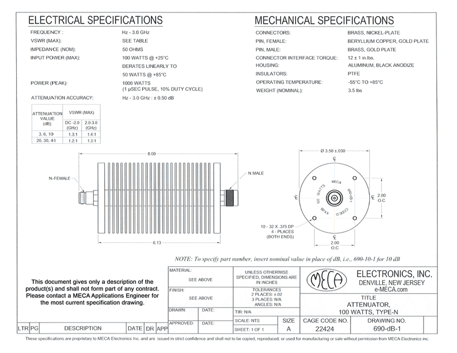 690-dB-1 Microwave Attenuator electrical specs