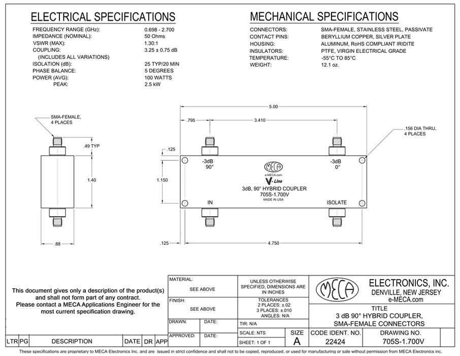 705S-1.700V SMA-Female 3dB Hybrid Coupler electrical specs