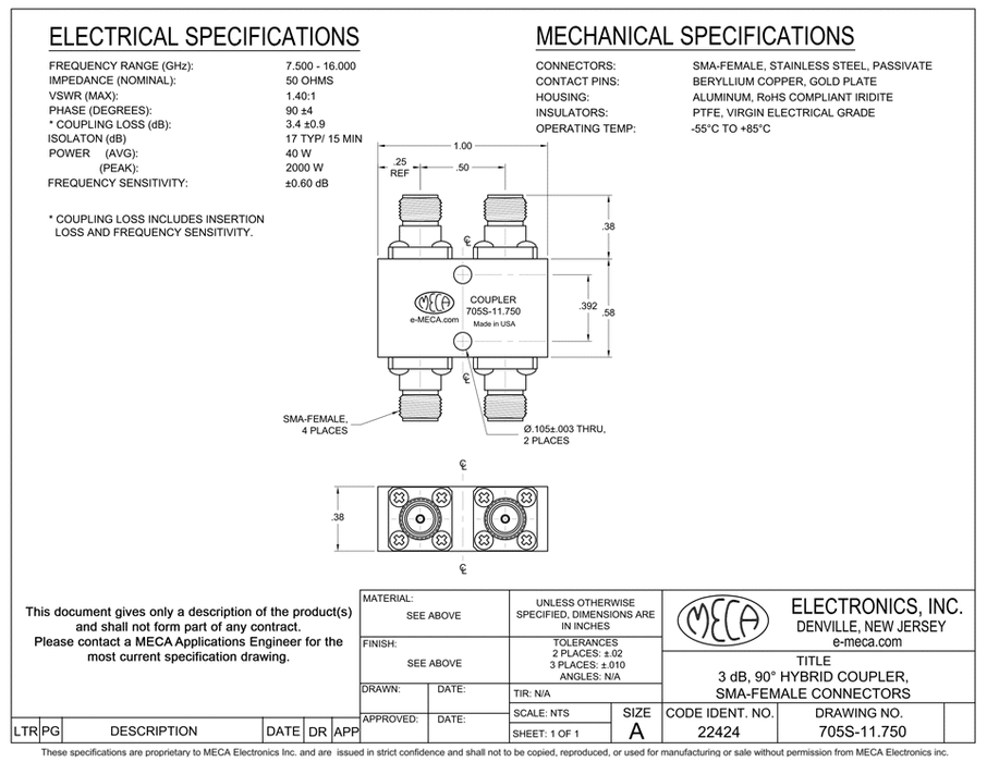 705S-11.750 SMA-Female 3dB Hybrid Coupler electrical specs