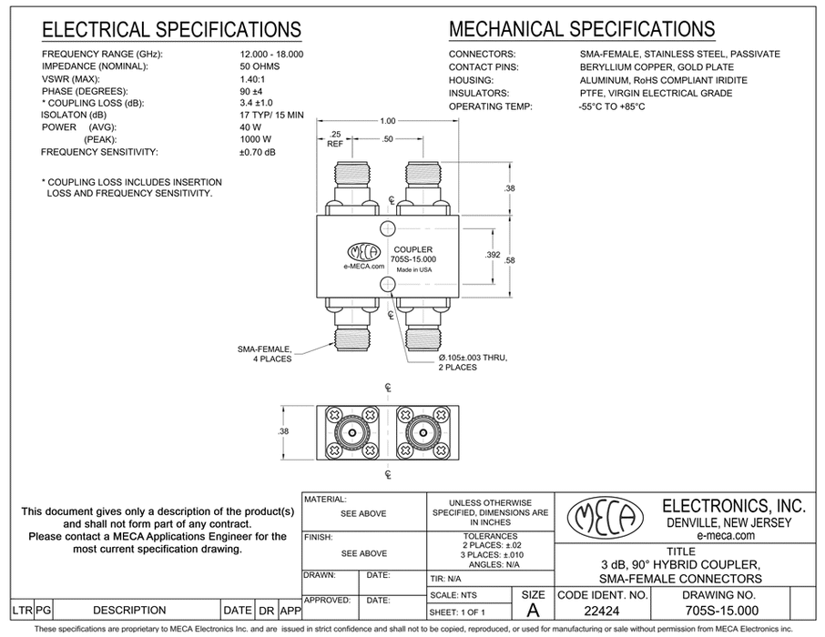 705S-15.000 SMA-Female 3dB Hybrid Coupler electrical specs