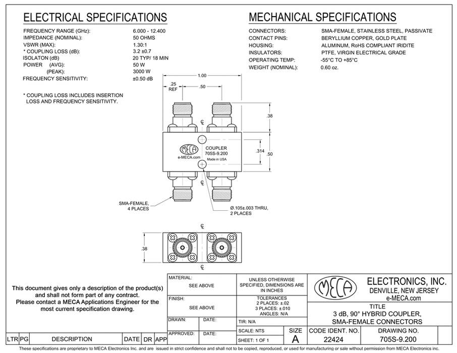 705S-9.200 SMA-Female 3 dB Hybrid Coupler electrical specs