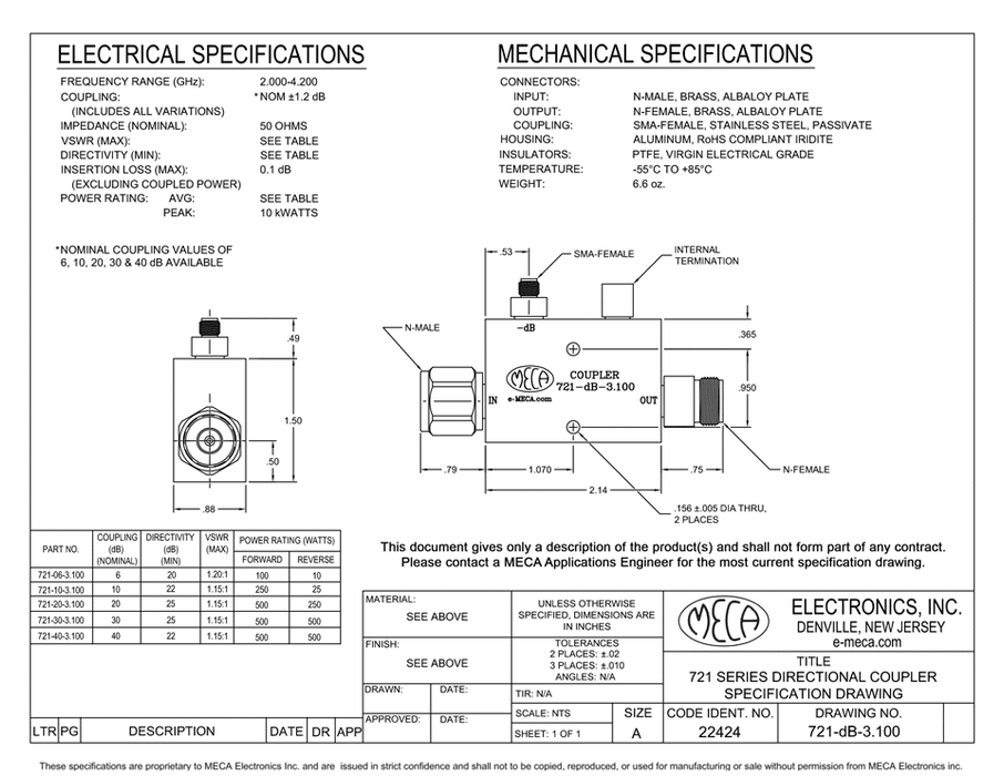 721-dB-3.100 500W Directional Couplers electrical specs