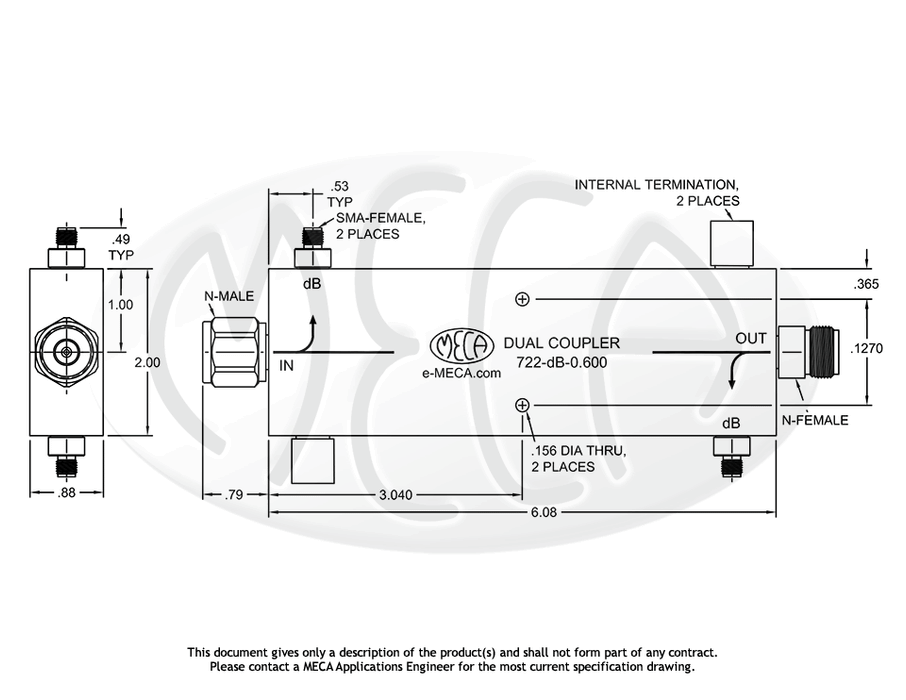 722-dB-0.600 Dual Directional Coupler In-line connectors drawing