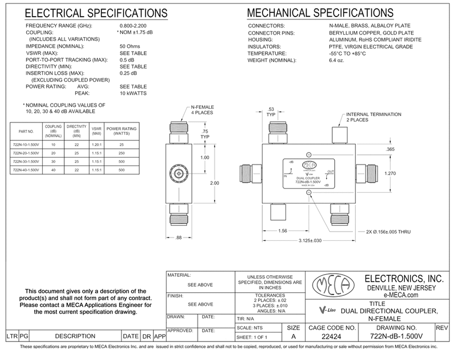 722N-dB-1.500V 25W Dual Coupler electrical specs