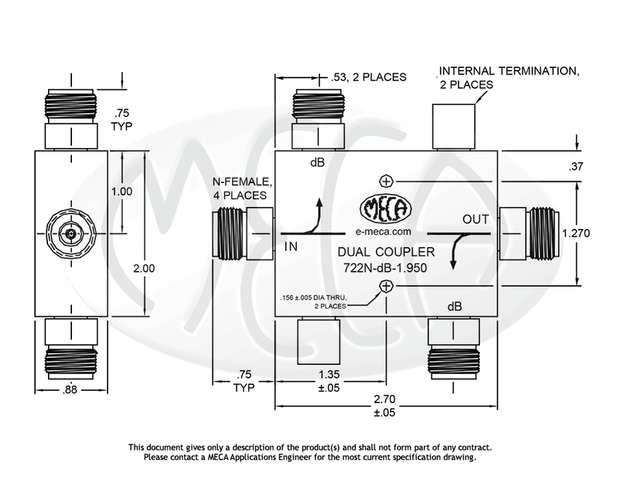 722N-dB-1.950 Directional Coupler N-Female connectors drawing