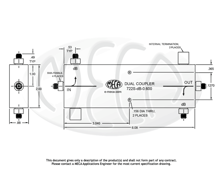722S-dB-0.600 RF Dual Coupler SMA-Female connectors drawing