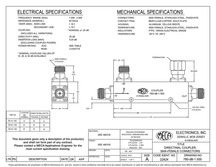 780-dB-1.500 SMA-Female Stripline Directional Couplers electrical specs