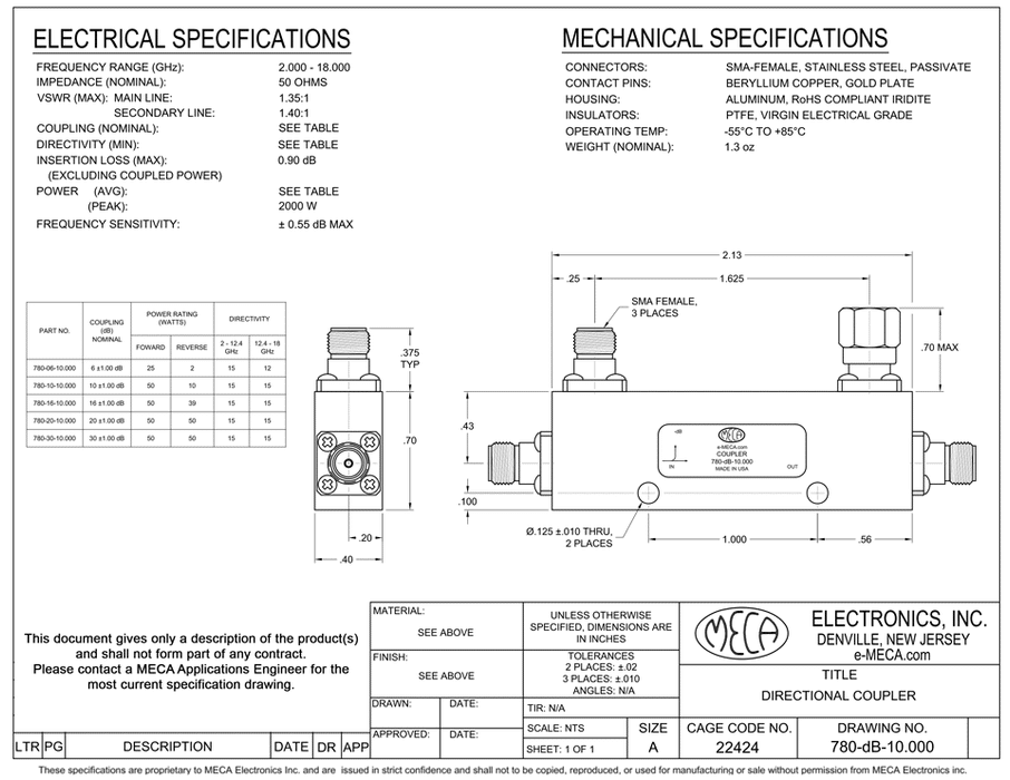780-dB-10.000 Single Directional Coupler electrical specs