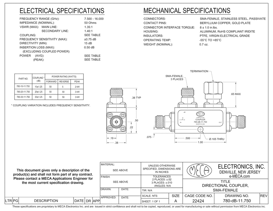 780-dB-11.750 SMA Stripline Coupler electrical specs