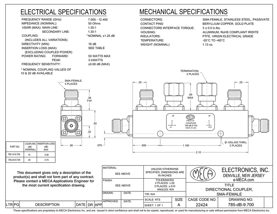 785-dB-9.700 50 Watt RF Directional Coupler electrical specs