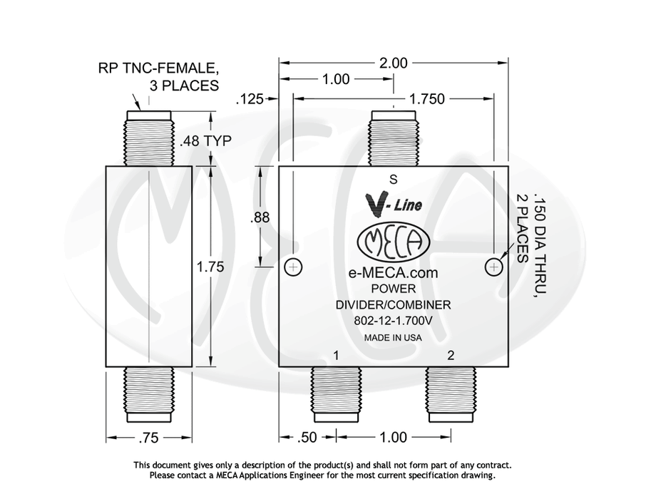 802-12-1.700V Power Divider RP-TNC Female connectors drawing