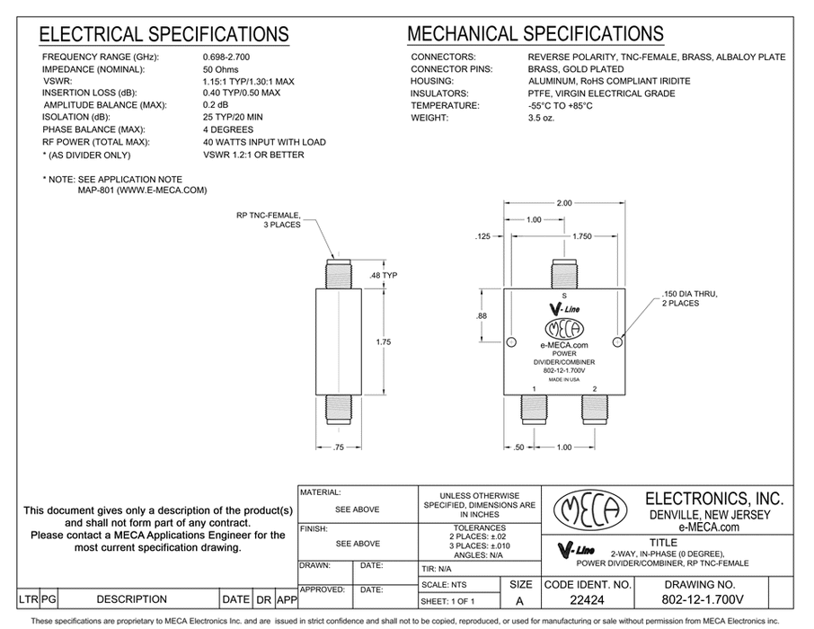 802-12-1.700V Power Divider electrical specs
