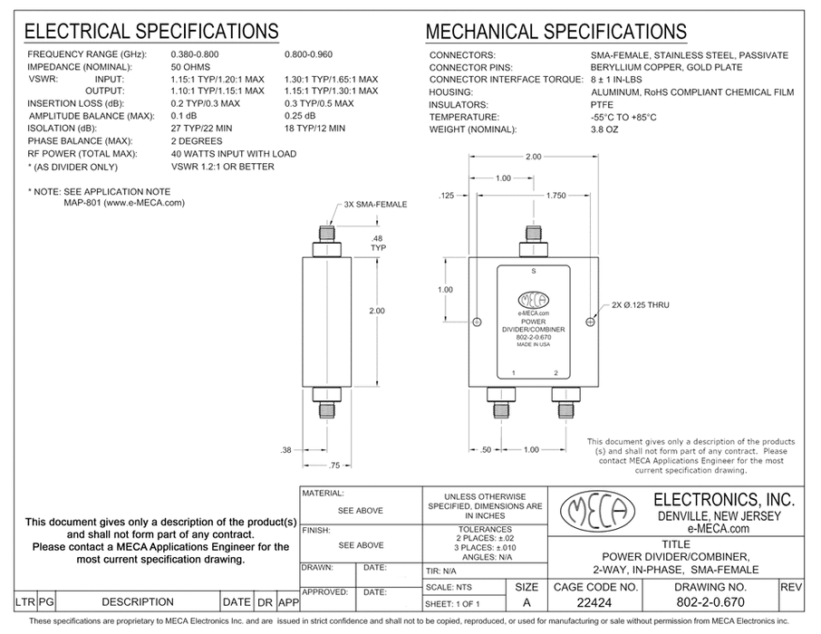 802-2-0.670 2 Way SMA Female Power Divider electrical specs