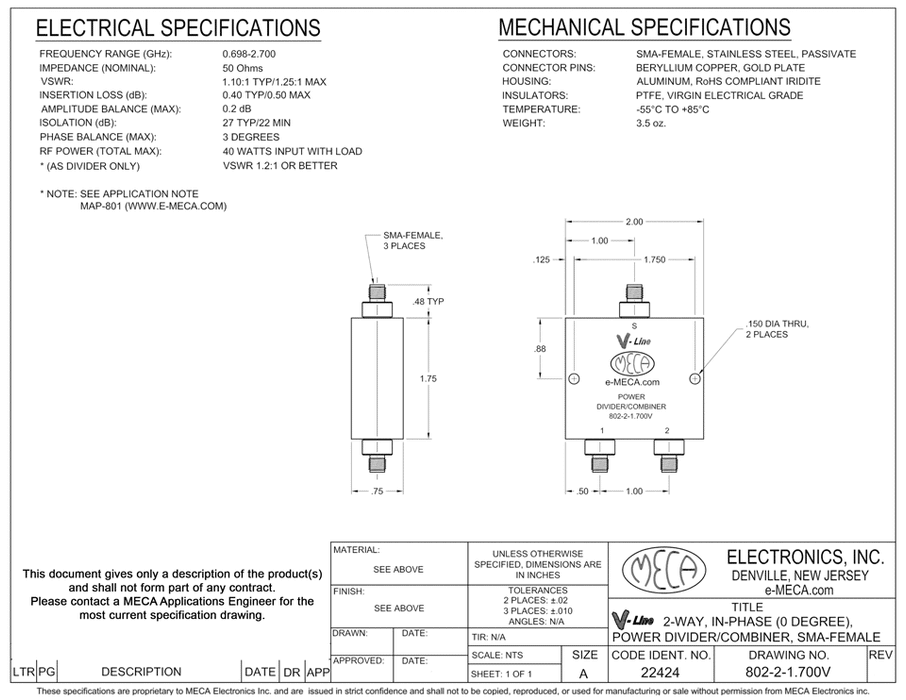 802-2-1.700V 2-Way SMA-Female Power Divider/Combiner electrical specs