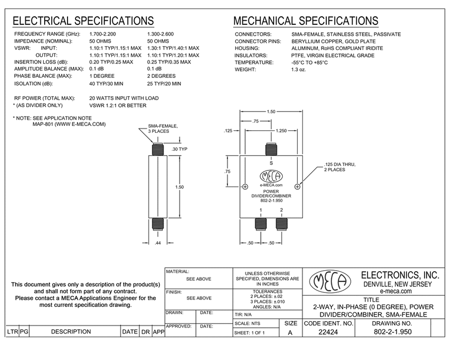 802-2-1.950 SMA-F Power Divider electrical specs