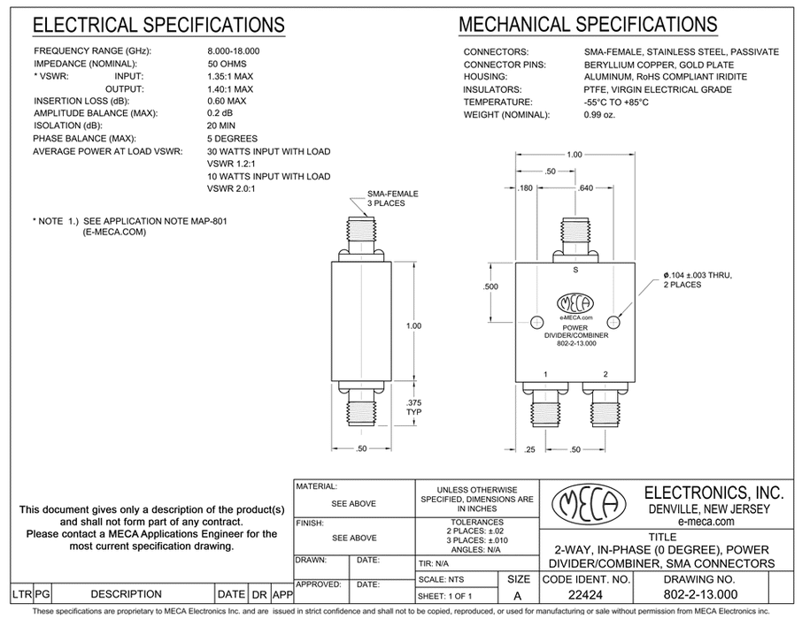 802-2-13.000 SMA F Power Dividers electrical specs