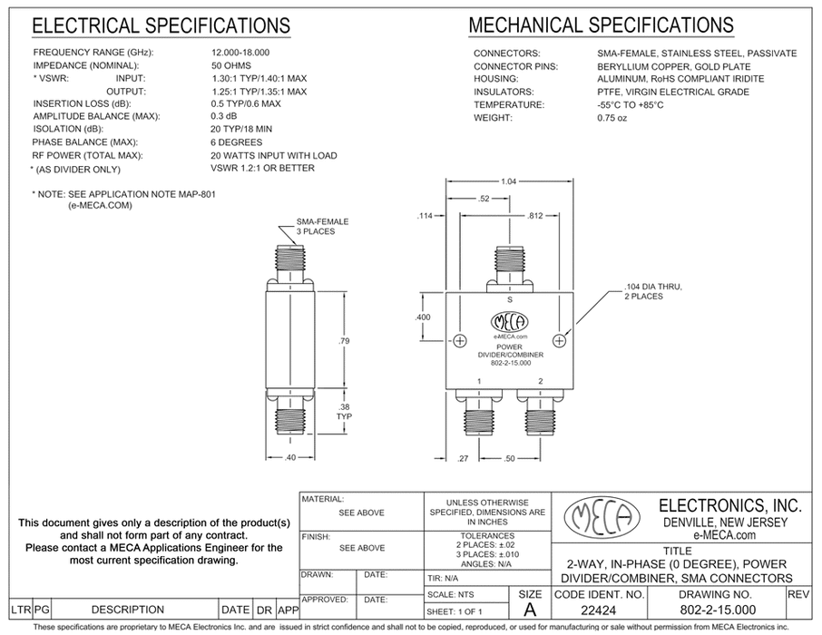 802-2-15.000 2 Way SMA F Power Divider electrical specs