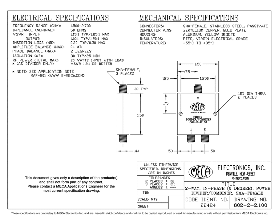 802-2-2.100 2-Way SMA-F Power Dividers electrical specs