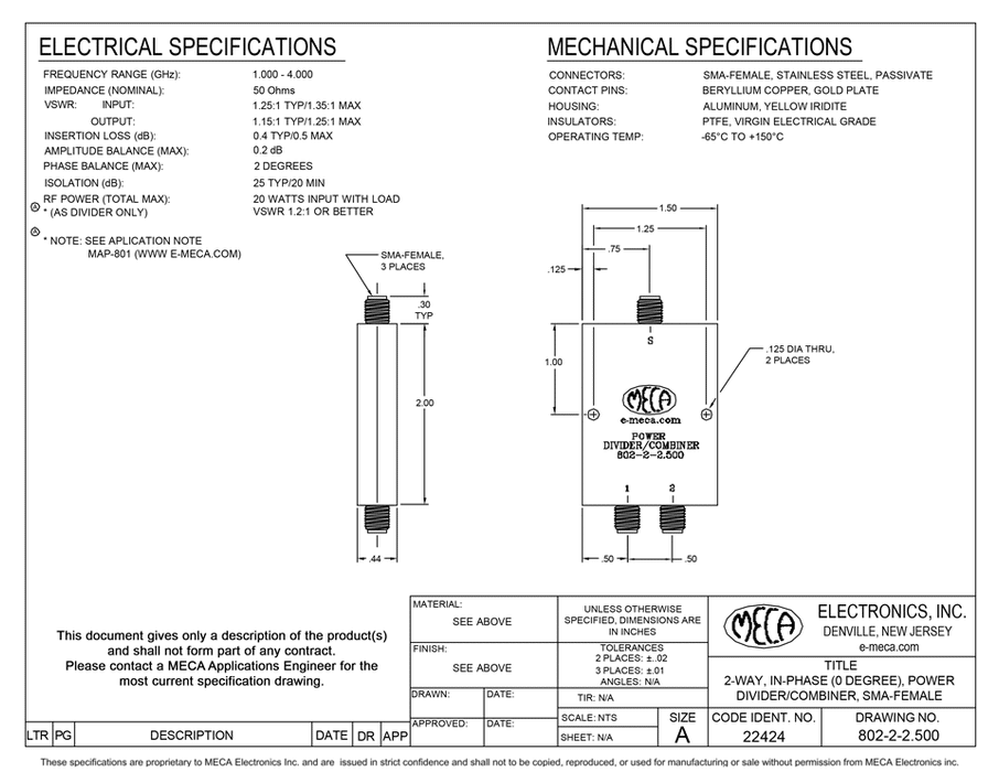 802-2-2.500 2 Way SMA F Power Divider/Combiner electrical specs