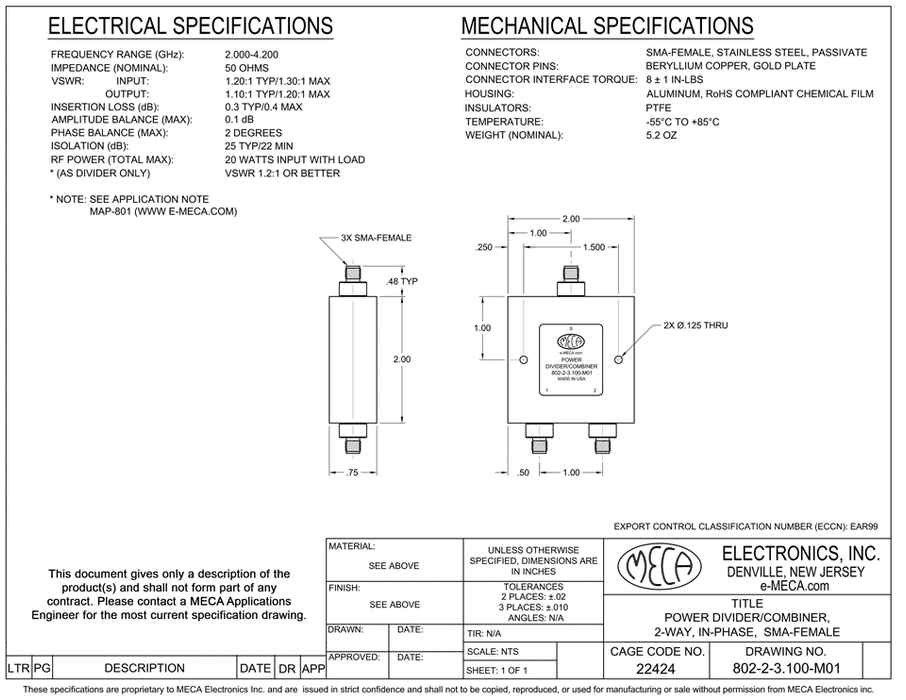 802-2-3.100-M01 2-Way SMA-F Power Divider/Combiner electrical specs