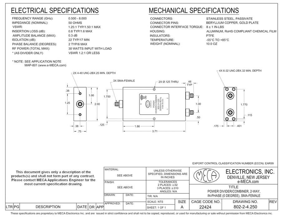 802-2-4.250 Broadband Splitters Power Divider electrical specs