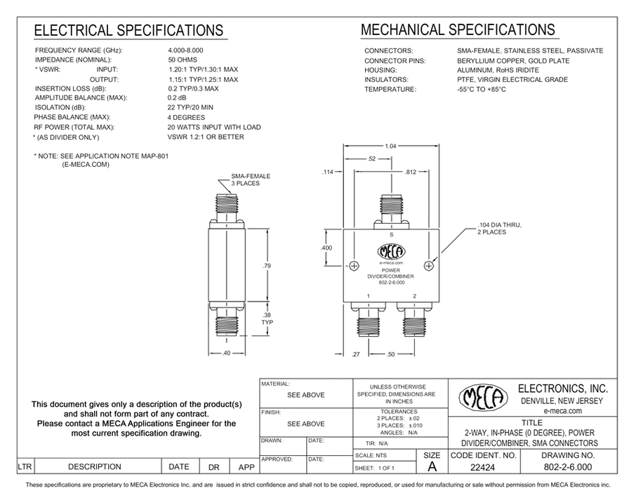 802-2-6.000 2-Way SMA Power Divider electrical specs